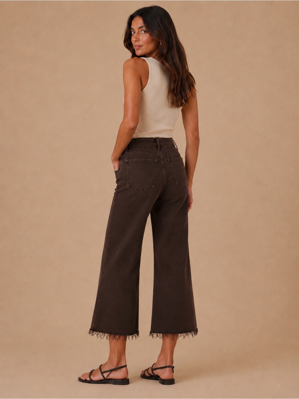 Zara Rich Chocolate Brown Wide Leg High Rise Frayed Hem Cropped Jeans Size 8 NWT - Picture 9 of 10